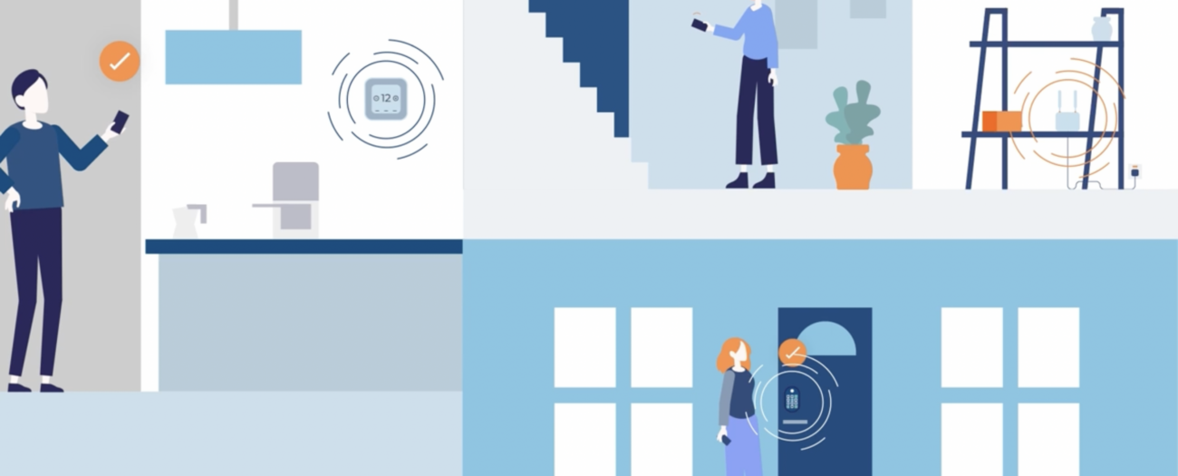 animated people holding their mobile device to activate their smart home devices