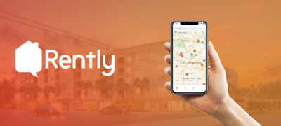 rently logo on a orange transparent gradient along a mobile phone displaying rental properties in the area