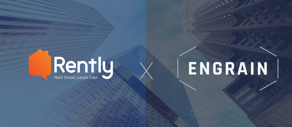 city skyline showing multifamily rental buildings with the Rently and engrain logos symbolizing their partnership