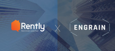 city skyline showing multifamily rental buildings with the Rently and engrain logos symbolizing their partnership
