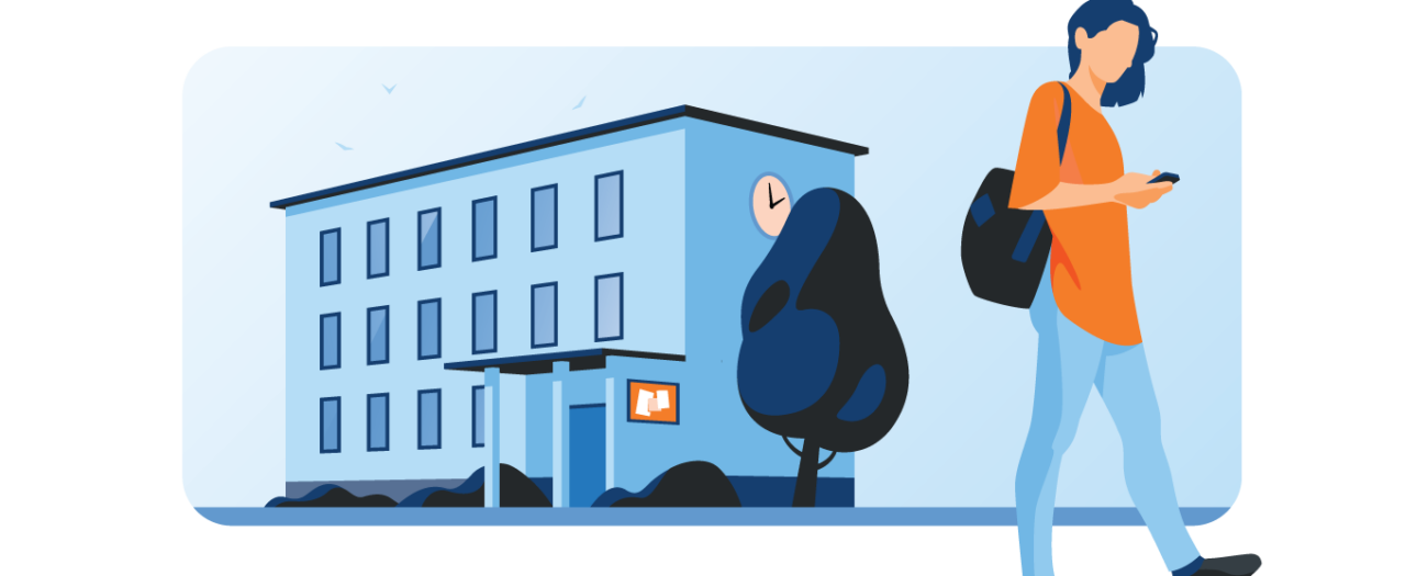 woman walks while looking at her phone on a student housing tour