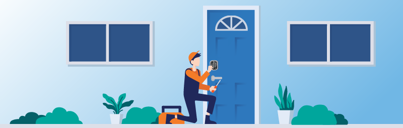 Animated Smart Home device Installer working on installing an access panel on the front door of a residence